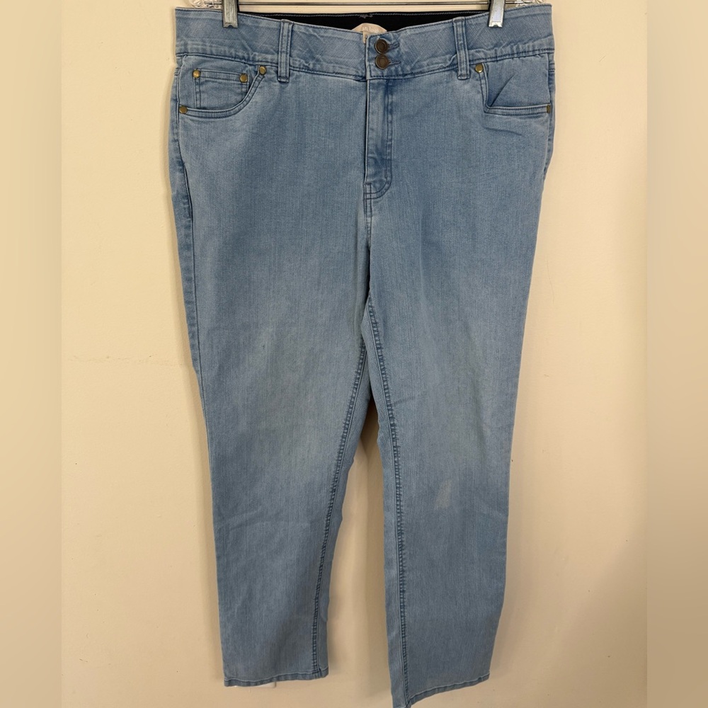 Woman Within denim jeans light wash full length zip button inner elastic SZ 14W